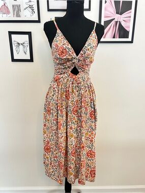 Angie Floral Cutout Midi Dress in Pink, Cream & Yellow